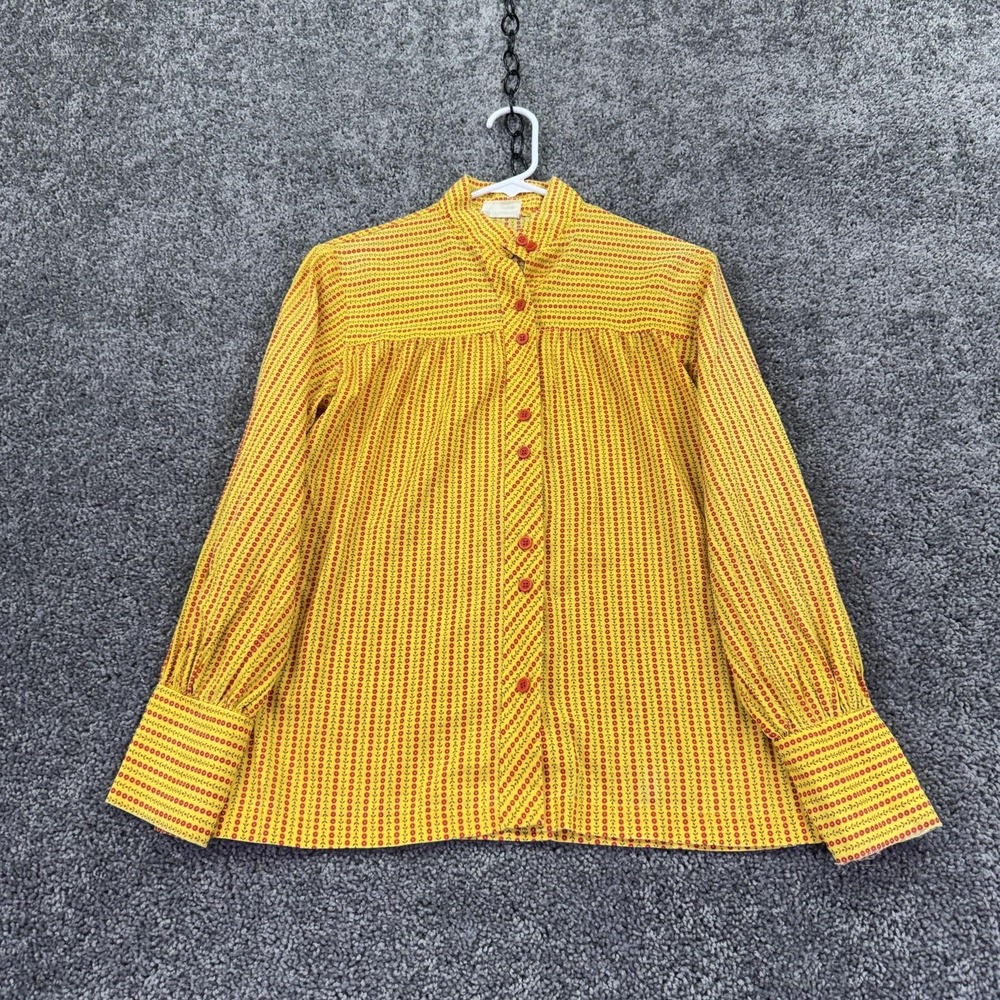 Vtg Permanent Press Shirt Womens Small Yellow Floral Long Sleeve Button USA